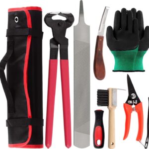 8pcs professional farrier tools value kit with roll pack, horses hoof trimmers shears tools, hoof cutter, farrier rasp file and rubber handle, hoof nipper, horseshoe brush, hoof knife