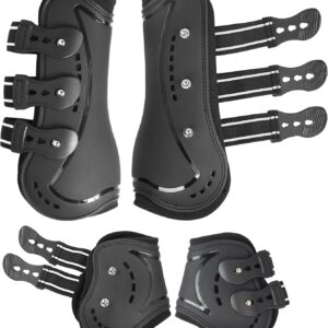 horse tendon boots, fetlock boots & open front boots for jumping, set of 4, horse protection leg guard, black, horse size large