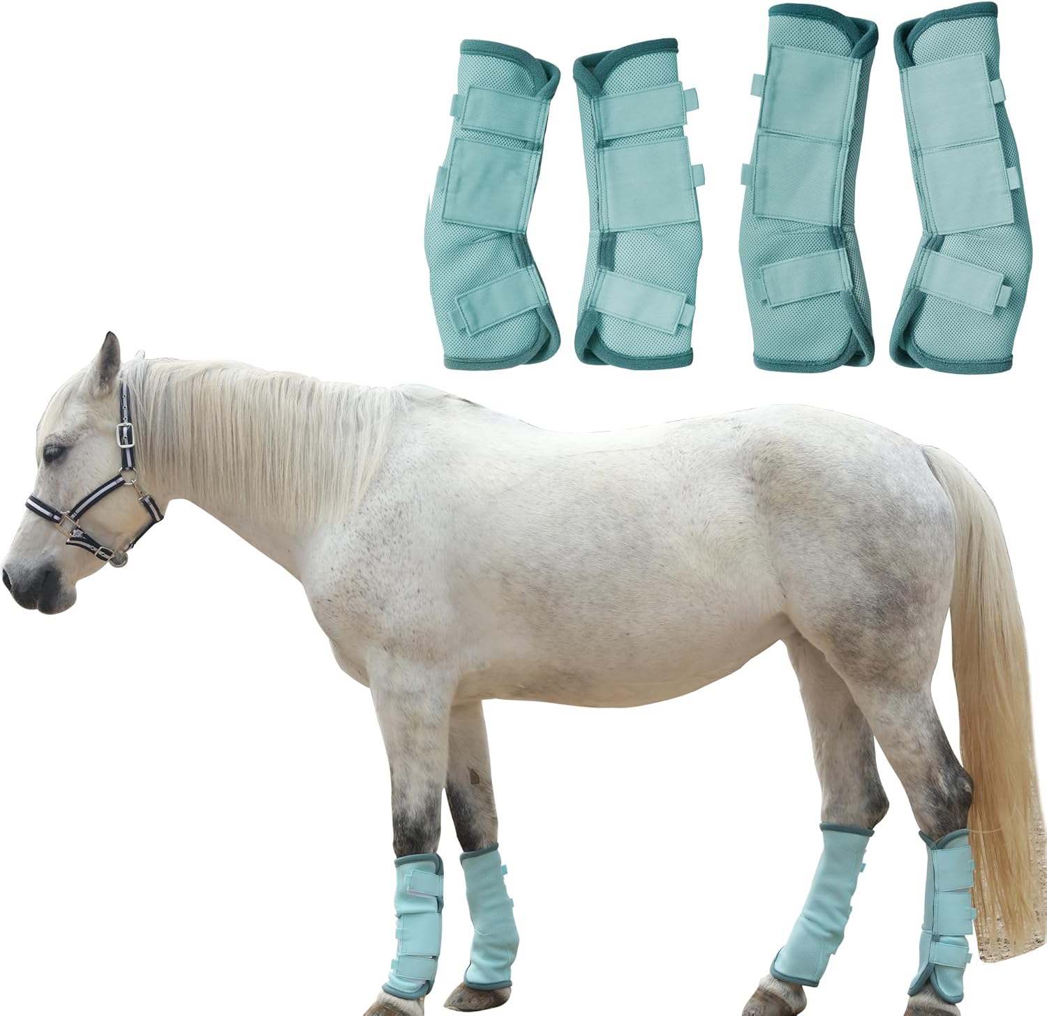 adjustable horse fly boots set of 4, equine leg protection reduce stomping, breathable mesh fly boots for horses, horse leggings leg guards